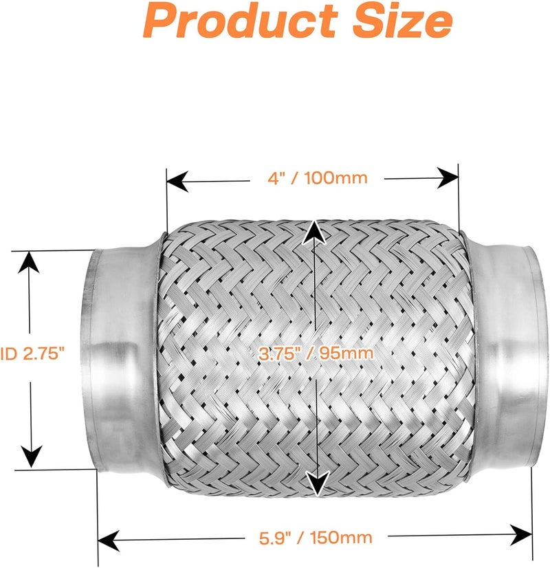 SVULK Exhaust Flex Pipe, 2.75" Double Braid Stainless Steel Flexible Pipe, Heavy Duty Exhaust Flexible Tube Overall Length 5.9"/150mm, 2PCS - Image 2